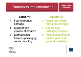 Barriers to Implementation
Barrier 
4.  Fear of product
damage
5.  Supplier can’t
provide alternative
6.  Staff attitudes
towards packaging
waste recycling
Solution 
4.  Run a trial before
rolling out changes
5.  Source new
packaging supplier
6.  Making recycling the
easier option than
general waste bin
 