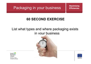 Packaging in your business
60 SECOND EXERCISE
List what types and where packaging exists
in your business
 
