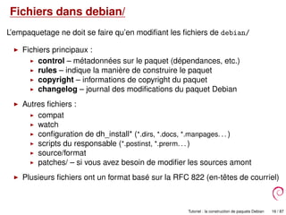 Fichiers dans debian/
L’empaquetage ne doit se faire qu’en modiﬁant les ﬁchiers de debian/
Fichiers principaux :
control – métadonnées sur le paquet (dépendances, etc.)
rules – indique la manière de construire le paquet
copyright – informations de copyright du paquet
changelog – journal des modiﬁcations du paquet Debian
Autres ﬁchiers :
compat
watch
conﬁguration de dh_install* (*.dirs, *.docs, *.manpages. . . )
scripts du responsable (*.postinst, *.prerm. . . )
source/format
patches/ – si vous avez besoin de modiﬁer les sources amont
Plusieurs ﬁchiers ont un format basé sur la RFC 822 (en-têtes de courriel)
Tutoriel : la construction de paquets Debian 16 / 87
 