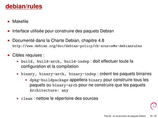 debian/rules
Makeﬁle
Interface utilisée pour construire des paquets Debian
Documenté dans la Charte Debian, chapitre 4.8
http://www.debian.org/doc/debian-policy/ch-source#s-debianrules
Cibles requises :
build, build-arch, build-indep : doit effectuer toute la
conﬁguration et la compilation
binary, binary-arch, binary-indep : créent les paquets binaires
dpkg-buildpackage appellera binary pour construire tous les
paquets ou binary-arch pour ne construire que les paquets
Architecture: any
clean : nettoie le répertoire des sources
Tutoriel : la construction de paquets Debian 20 / 87
 