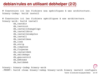 debian/rules en utilisant debhelper (2/2)
# Construire ici les fichiers non sp´ecifiques `a une architecture .
binary -indep: build install
# Construire ici les fichiers sp´ecifiques `a une architecture .
binary -arch: build install
dh_testdir
dh_testroot
dh_installchangelogs
dh_installdocs
dh_installexamples
dh_install
dh_installman
dh_link
dh_strip
dh_compress
dh_fixperms
dh_installdeb
dh_shlibdeps
dh_gencontrol
dh_md5sums
dh_builddeb
binary: binary -indep binary -arch
.PHONY: build clean binary -indep binary -arch binary install configure
Tutoriel : la construction de paquets Debian 23 / 87
 