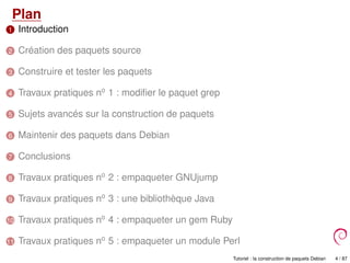 Plan
1 Introduction
2 Création des paquets source
3 Construire et tester les paquets
4 Travaux pratiques no
1 : modiﬁer le paquet grep
5 Sujets avancés sur la construction de paquets
6 Maintenir des paquets dans Debian
7 Conclusions
8 Travaux pratiques no
2 : empaqueter GNUjump
9 Travaux pratiques no
3 : une bibliothèque Java
10 Travaux pratiques no
4 : empaqueter un gem Ruby
11 Travaux pratiques no
5 : empaqueter un module Perl
Tutoriel : la construction de paquets Debian 4 / 87
 