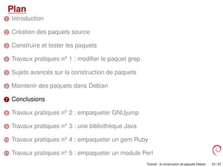 Plan
1 Introduction
2 Création des paquets source
3 Construire et tester les paquets
4 Travaux pratiques no
1 : modiﬁer le paquet grep
5 Sujets avancés sur la construction de paquets
6 Maintenir des paquets dans Debian
7 Conclusions
8 Travaux pratiques no
2 : empaqueter GNUjump
9 Travaux pratiques no
3 : une bibliothèque Java
10 Travaux pratiques no
4 : empaqueter un gem Ruby
11 Travaux pratiques no
5 : empaqueter un module Perl
Tutoriel : la construction de paquets Debian 53 / 87
 