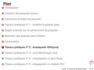 Plan
1 Introduction
2 Création des paquets source
3 Construire et tester les paquets
4 Travaux pratiques no
1 : modiﬁer le paquet grep
5 Sujets avancés sur la construction de paquets
6 Maintenir des paquets dans Debian
7 Conclusions
8 Travaux pratiques no
2 : empaqueter GNUjump
9 Travaux pratiques no
3 : une bibliothèque Java
10 Travaux pratiques no
4 : empaqueter un gem Ruby
11 Travaux pratiques no
5 : empaqueter un module Perl
Tutoriel : la construction de paquets Debian 57 / 87
 