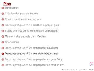 Plan
1 Introduction
2 Création des paquets source
3 Construire et tester les paquets
4 Travaux pratiques no
1 : modiﬁer le paquet grep
5 Sujets avancés sur la construction de paquets
6 Maintenir des paquets dans Debian
7 Conclusions
8 Travaux pratiques no
2 : empaqueter GNUjump
9 Travaux pratiques no
3 : une bibliothèque Java
10 Travaux pratiques no
4 : empaqueter un gem Ruby
11 Travaux pratiques no
5 : empaqueter un module Perl
Tutoriel : la construction de paquets Debian 59 / 87
 