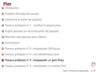 Plan
1 Introduction
2 Création des paquets source
3 Construire et tester les paquets
4 Travaux pratiques no
1 : modiﬁer le paquet grep
5 Sujets avancés sur la construction de paquets
6 Maintenir des paquets dans Debian
7 Conclusions
8 Travaux pratiques no
2 : empaqueter GNUjump
9 Travaux pratiques no
3 : une bibliothèque Java
10 Travaux pratiques no
4 : empaqueter un gem Ruby
11 Travaux pratiques no
5 : empaqueter un module Perl
Tutoriel : la construction de paquets Debian 61 / 87
 