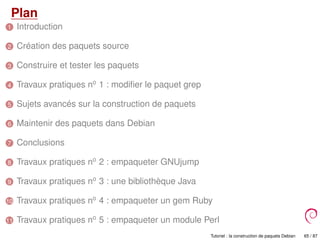 Plan
1 Introduction
2 Création des paquets source
3 Construire et tester les paquets
4 Travaux pratiques no
1 : modiﬁer le paquet grep
5 Sujets avancés sur la construction de paquets
6 Maintenir des paquets dans Debian
7 Conclusions
8 Travaux pratiques no
2 : empaqueter GNUjump
9 Travaux pratiques no
3 : une bibliothèque Java
10 Travaux pratiques no
4 : empaqueter un gem Ruby
11 Travaux pratiques no
5 : empaqueter un module Perl
Tutoriel : la construction de paquets Debian 65 / 87
 