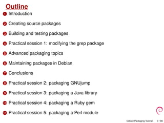 Outline
1 Introduction
2 Creating source packages
3 Building and testing packages
4 Practical session 1: modifying the grep package
5 Advanced packaging topics
6 Maintaining packages in Debian
7 Conclusions
8 Practical session 2: packaging GNUjump
9 Practical session 3: packaging a Java library
10 Practical session 4: packaging a Ruby gem
11 Practical session 5: packaging a Perl module
Debian Packaging Tutorial 3 / 86
 