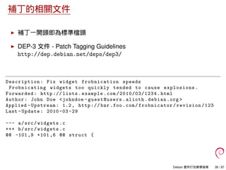 補丁的相關文件
補丁一開頭即為標準檔頭
DEP-3 文件 - Patch Tagging Guidelines
http://dep.debian.net/deps/dep3/
Description: Fix widget frobnicat...