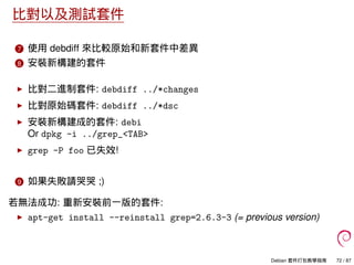 比對以及測試套件
7 使用 debdiff 來比較原始和新套件中差異
8 安裝新構建的套件
比對二進制套件: debdiff ../*changes
比對原始碼套件: debdiff ../*dsc
安裝新構建成的套件: debi
Or dpk...