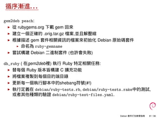 循序漸進. . .
gem2deb peach:
從 rubygems.org 下載 gem 回來
建立一個正確的 .orig.tar.gz 檔案,並且解壓縮
根據描述 gem 套件相關資訊的檔案來初始化 Debian 原始碼套件
命名為 ruby-gemname
嘗試構建 Debian 二進制套件 (也許會失敗)
dh_ruby ( 在gem2deb裡) 執行 Ruby 特定相關任務:
替每個 Ruby 版本皆構建 C 擴充功能
將檔案複製到每個目的端目錄
更新每一個執行腳本中的shebang符號(#!)
執行定義在 debian/ruby-tests.rb, debian/ruby-tests.rake中的測試,
或者其他種類的驗證 debian/ruby-test-files.yaml.
Debian 套件打包教學指南 81 / 86
 