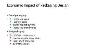 Economic Impact of Packaging Design
• Good packaging:
• increases sales
justifies price
builds repeat buyers
increases brand value
• Bad packaging:
• confuses consumers
lowers quality perception
loses shelf presence
decreases sales
 