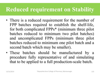 Reduced requirement on Stability
• There is a reduced requirement for the number of
FPP batches required to establish the shelf-life,
for both complicated FPPs* (minimum three pilot
batches reduced to minimum two pilot batches)
and uncomplicated FPPs (minimum three pilot
batches reduced to minimum one pilot batch and a
second batch which may be smaller).
• These batches should be manufactured by a
procedure fully representative of and simulating
that to be applied to a full production-scale batch.
13/12/2019 123Tatyasaheb Kore College of Pharmacy, Warananagar.
 
