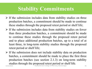 Stability Commitments
 If the submission includes data from stability studies on three
production batches, a commitment should be made to continue
these studies through the proposed retest period or shelf life;
 If the submission includes data from stability studies on fewer
than three production batches, a commitment should be made
to continue these studies through the proposed retest period
and to place additional production batches, up to a total of at
least three, in long-term stability studies through the proposed
retest period or shelf life;
 If the submission does not include stability data on production
batches, a commitment should be made to place the first three
production batches (see section 2.1.3) on long-term stability
studies through the proposed retest period or shelf life.
13/12/2019 85Tatyasaheb Kore College of Pharmacy, Warananagar.
 