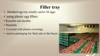 421
0011 0010 1010 1101 0001 0100 1011
Filler tray
• Standard egg tray usually carries 36 eggs.
• using plastic egg fillers
• Reusable and durable.
• Washable.
• Covered with plastic coverings.
• used as packaging for final sale to the buyer.
 