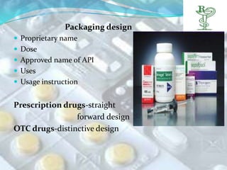 Packaging design
 Proprietary name
 Dose
 Approved name of API
 Uses
 Usage instruction


Prescription drugs-straight
                forward design
OTC drugs-distinctive design
 