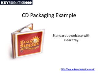 CD Packaging Example


           Standard Jewelcase with
                  clear tray.




                http://www.keyproduction.co.uk
 