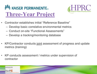 20
Three-Year Project
• Contractor establishes initial “Reference Baseline”
– Develop basic correlative environmental metrics
– Conduct on-site “Functional Assessments”
– Develop a tracking/monitoring database
• KP/Contractor conducts joint assessment of progress and update
metrics (training)
• KP conducts assessment / metrics under supervision of
contractor
 