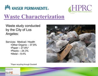 9
Waste Characterization
Waste study conducted
by the City of Los
Angeles:
Services: Medical / Health
•Other Organic – 37.8%
•Paper – 27.8%*
•Plastic – 24.3%
•Metal – 9.4%
*Paper recycling through Goodwill
 