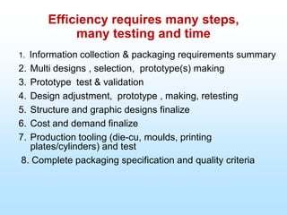 Efficiency requires many steps,
many testing and time
1. Information collection & packaging requirements summary
2. Multi designs , selection, prototype(s) making
3. Prototype test & validation
4. Design adjustment, prototype , making, retesting
5. Structure and graphic designs finalize
6. Cost and demand finalize
7. Production tooling (die-cu, moulds, printing
plates/cylinders) and test
8. Complete packaging specification and quality criteria
 