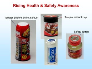 Rising Health & Safety Awareness
Tamper evident cap
Safety button
Tamper evident shrink sleeve
 