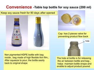 Non pigmented HDPE bottle with bag
inside , bag made of high flexible thin film,.
After squeeze to pour, the bottle easily
back to original shape
Cap has 2 pieces valve for
preventing product flow back
The hole at bottle is for releasing
the air between bottle and bag ,
helps maintain bottle shape and
enable to adjust product poured
hole
-Table top bottle for soy sauce (200 ml)Convenience
Keep soy sauce fresh for 90 days after opened
 