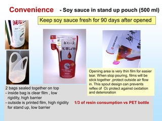 2 bags sealed together on top
- inside bag is clear film , low
rigidity, high barrier
- outside is printed film, high rigidity 1/3 of resin consumption vs PET bottle
for stand up, low barrier
- Soy sauce in stand up pouch (500 ml)
Opening area is very thin film for easier
tear. When stop pouring, films will be
stick together ,protect outside air flow
in. This spout design can prevents
reflex of O2 protect against oxidation
and deterioration
Convenience
Keep soy sauce fresh for 90 days after opened
 