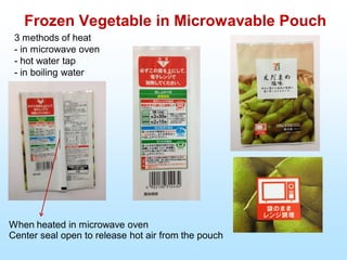 Frozen Vegetable in Microwavable Pouch
3 methods of heat
- in microwave oven
- hot water tap
- in boiling water
When heated in microwave oven
Center seal open to release hot air from the pouch
 