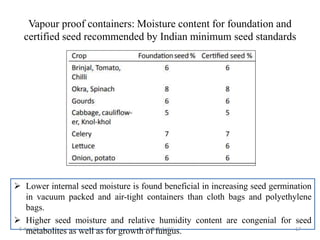 Vapour proof containers: Moisture content for foundation and
certified seed recommended by Indian minimum seed standards
 Lower internal seed moisture is found beneficial in increasing seed germination
in vacuum packed and air-tight containers than cloth bags and polyethylene
bags.
 Higher seed moisture and relative humidity content are congenial for seed
metabolites as well as for growth of fungus.
5-Apr-21 17
Dept. of VSC
 