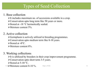 1. Base collection
It includes maximum no. of accessions available in a crop.
Conservation upto long term like 50 years or more.
Stored at -18 °C hermetically sealed.
Moisture content 5%.
2. Active collection
Germplasm is actively utilized in breeding programmes.
Conservation upto medium term like 8-10 years.
Stored at -0°C.
Moisture content 8%.
3. Working collections
It is ultilized by breeders in their crop improvement programme.
Conservation upto short term 3-5 years.
Stored at 5-10 °C.
Moisture content 8-10 %.
Types of Seed Collection
5-Apr-21 8
Dept. of VSC
 