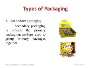 Types of Packaging<br />2.	Secondary packaging<br />Secondary packaging is outside the primary packaging, perhaps used to ...