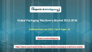 Global Packaging Machinery Market 2012-2016
Published Date: Jan-2013 | No of Pages: 34
Reports and Intelligence
http://www.reportsandintelligence.com/global-packaging-machinery-market
 