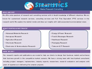 Our research reports and publications are routed to help our clients to design their business models and enhance
their business growth in the competitive market scenario. We have a strong team with hand-picked consultants
including project managers, implementers, industry experts, researchers, research evaluators and analysts with
years of experience in delivering the complex projects.
www.strategymrc.com
Market Research Consulting
We offer wide spectrum of research and consulting services with in-depth knowledge of different industries. We are
known for customized research services, consulting services and Full Time Equivalent (FTE) services in the
research world. We explore the market trends and draw our insights with valid assessments and analytical views.
WHO ARE WE?
WHAT VERTICALS WE TRACK?
• Advanced Materials Research
• Aerospace Research
• Agriculture Research
• Chemicals Research
• Electronics & Semiconductor Research
• Energy & Power Research
• Food & Beverages Research
• Healthcare Research
• Packaging Research
• Telecom & IT Research
HOW WE DO?
 