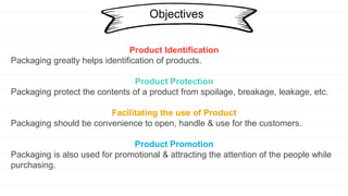Product Identification
Packaging greatly helps identification of products.
Product Protection
Packaging protect the contents of a product from spoilage, breakage, leakage, etc.
Facilitating the use of Product
Packaging should be convenience to open, handle & use for the customers.
Product Promotion
Packaging is also used for promotional & attracting the attention of the people while
purchasing.
Objectives
 