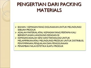 PENGERTIAN DARI PACKINGPENGERTIAN DARI PACKING
MATERIALSMATERIALS
 
