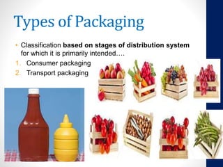 Types of Packaging
• Classification based on stages of distribution system
for which it is primarily intended….
1. Consumer packaging
2. Transport packaging
 