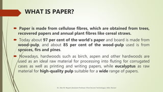 WHAT IS PAPER?
 Paper is made from cellulose fibres, which are obtained from trees,
recovered papers and annual plant fibres like cereal straws.
 Today about 97 per cent of the world's paper and board is made from
wood-pulp, and about 85 per cent of the wood-pulp used is from
spruces, firs and pines.
 Nowadays, hardwoods such as birch, aspen and other hardwoods are
used as an ideal raw material for processing into fluting for corrugated
cases as well as printing and writing papers, while eucalyptus as raw
material for high-quality pulp suitable for a wide range of papers.
Dr. Jilen M. Mayani [Assistant Professor (Post Harvest Technology)], NAU, Navsari
 