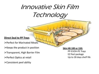 Innovative Skin Film
                   Technology


Direct Seal to PP Trays
Perfect for Marinated Meats
Keeps the product in position    Skin HB 100 or 150:
                                       PP-EVOH-PE Trays
Transparent, High Barrier Film
                                       EZ Peel package
Perfect Optics at retail              Up to 28 days shelf life

Consistent peel ability
 