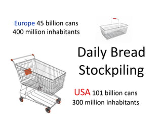 Europe 45 billion cans
400 million inhabitants


                      Daily Bread
                      Stockpiling
                     USA 101 billion cans
                    300 million inhabitants
 