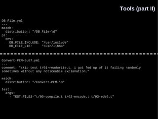 Tools (part II)

DB_File.yml
---
match:
  distribution: "/DB_File-d"
pl:
  env:
    DB_FILE_INCLUDE: "/usr/include"
    DB_FILE_LIB:     "/usr/lib64"



Convert-PEM-0.07.yml
---
comment: "skip test t/01-readwrite.t, i got fed up of it failing randomly
sometimes without any noticeable explanation."

match:
  distribution: "/Convert-PEM-d"

test:
  args:
    - TEST_FILES="t/00-compile.t t/02-encode.t t/03-ede3.t"
 