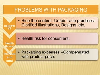 PROBLEMS WITH PACKAGING
DECEPTI
VE
• Hide the content -Unfair trade practices-
Glorified illustrations, Designs, etc.
Health
Hazard
• Health risk for consumers.
Increas
e in
cost
• Packaging expenses –Compensated
with product price.
 