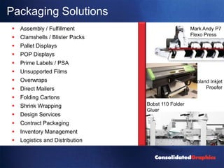 Packaging Solutions
   Assembly / Fulfillment                          Mark Andy P7
                                                    Flexo Press
   Clamshells / Blister Packs
   Pallet Displays
   POP Displays
   Prime Labels / PSA
   Unsupported Films
   Overwraps                                        Roland Inkjet
   Direct Mailers                                        Proofer

   Folding Cartons
   Shrink Wrapping              Bobst 110 Folder
                                 Gluer
   Design Services
   Contract Packaging
   Inventory Management
   Logistics and Distribution
 