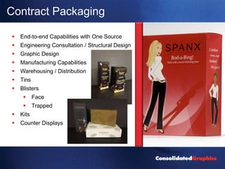 Contract Packaging

   End-to-end Capabilities with One Source
   Engineering Consultation / Structural Design
   Graphic Design
   Manufacturing Capabilities
   Warehousing / Distribution
   Tins
   Blisters
          Face
          Trapped
   Kits
   Counter Displays
 