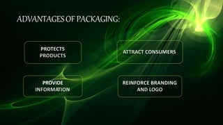 ADVANTAGESOFPACKAGING:
PROTECTS
PRODUCTS
ATTRACT CONSUMERS
REINFORCE BRANDING
AND LOGO
PROVIDE
INFORMATION
 