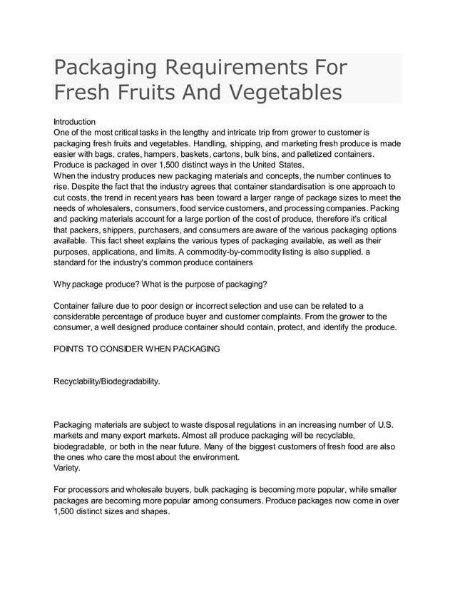 Packaging requirements for fresh fruits and vegetables PDF