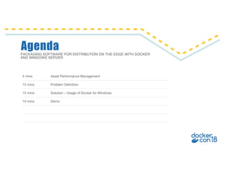 PACKAGING SOFTWARE FOR DISTRIBUTION ON THE EDGE WITH DOCKER
AND WINDOWS SERVER
Agenda
5 mins Asset Performance Management
15 mins Problem Definition
15 mins Solution – Usage of Docker for Windows
10 mins Demo
 