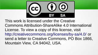 This work is licensed under the Creative
Commons Attribution-ShareAlike 4.0 International
License. To view a copy of this license, visit
http://creativecommons.org/licenses/by-sa/4.0/ or
send a letter to Creative Commons, PO Box 1866,
Mountain View, CA 94042, USA.
 
