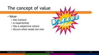 The concept of value
• Value-
• Has Context
• Is experiential
• Has a subjective nature
• Occurs when needs are met
Dr Cla...