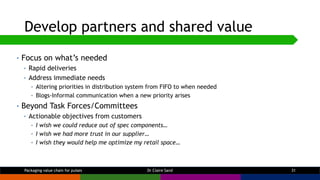 Develop partners and shared value
Dr Claire Sand 31
• Focus on what’s needed
• Rapid deliveries
• Address immediate needs
...