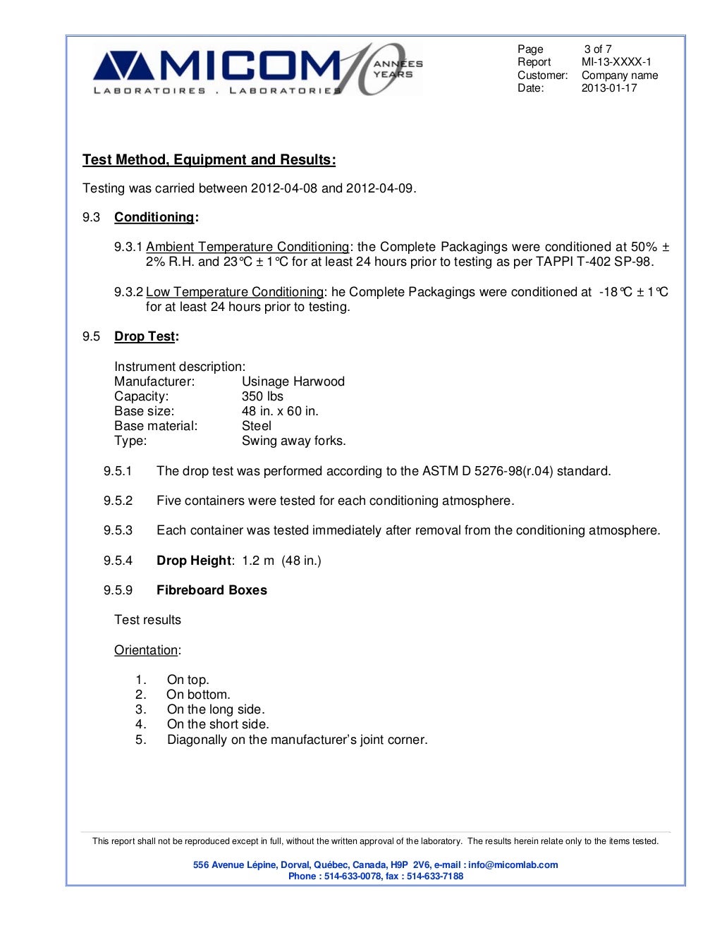 Packaging test report (sample)